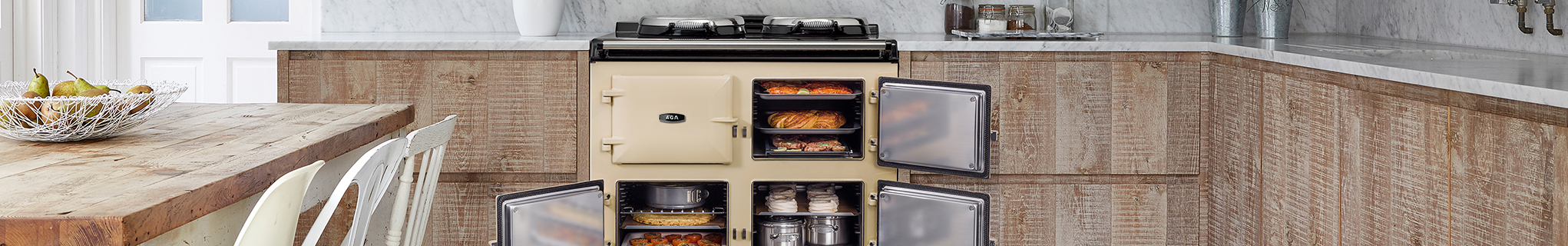 AGA Dual Control in Cream with open oven doors 